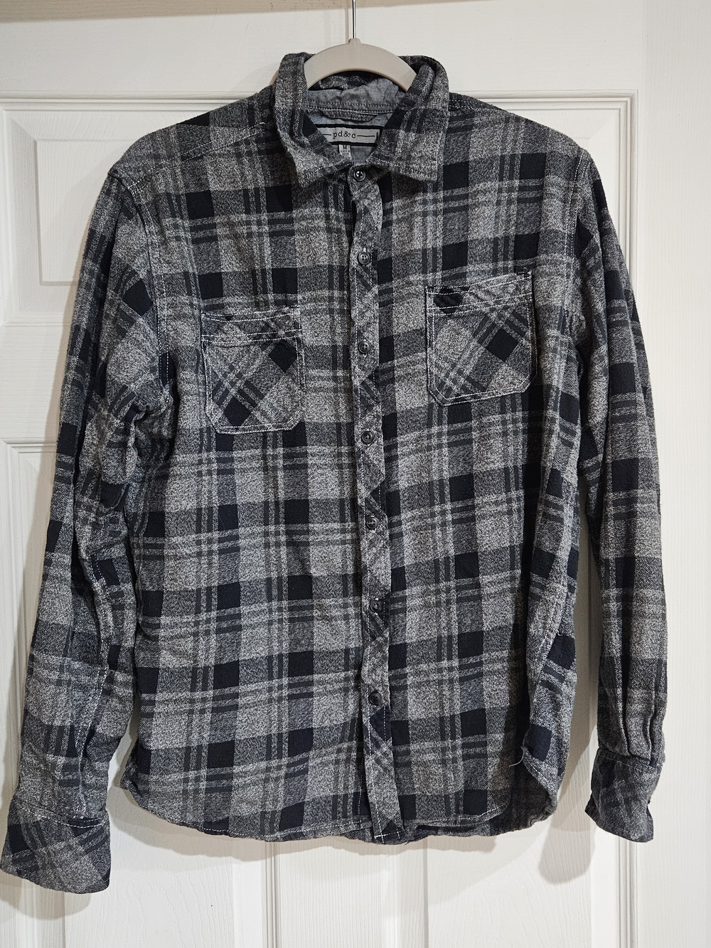 PDC Western Flannel Shirt Men's Medium Gray & Black Plaid Soft 100% Cotton